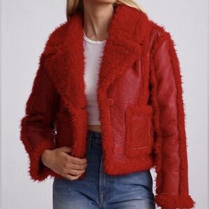 7 For All Mankind Stella Red Bold Vegan Leather Faux Shearling Cropped Jacket